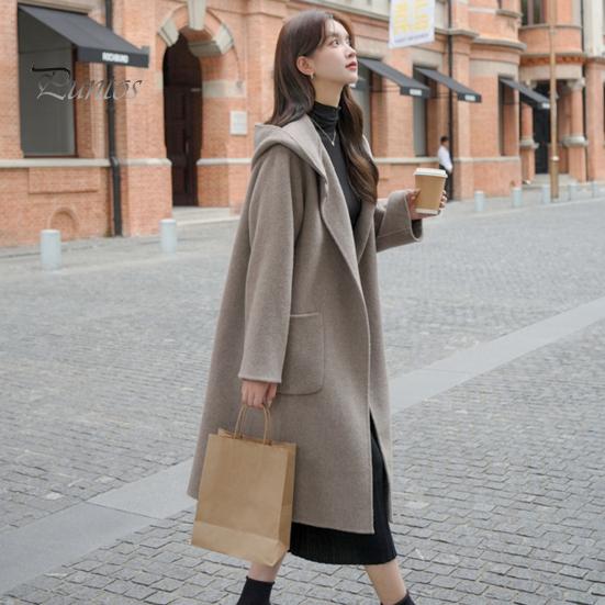 Women Winter Overcoat Hooded Pockets Pure Color Open Stitch Cardigan Mid Length Coat Thermal Long Sleeves Commuting Dating Winter Coat