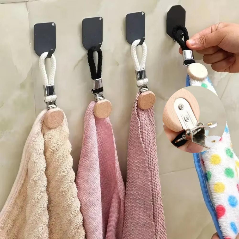 8/1pcs Household Bathroom Towel Clip Multi Functional Non Perforated Kitchen Towel Clip Woven Rope Beech Wood Round Head Storage
