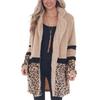 Women Leopard Print Splicing Coat Open Front Long Sleeves Turn Down Collar Casual Plush Jacket