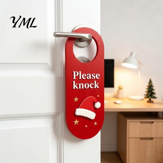 Christmas Room Decor Wooden Door Hanger, Santa Hat Bell Bow Hanging Sign Seasonal for Knob, Festive Holiday Home Front Entrance Wall