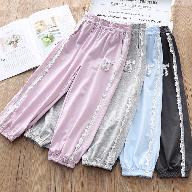 Летние тонкие брюки для девочек, детские повседневные брюки с кружевом, свободные и дышащие спортивные брюки для маленьких девочек