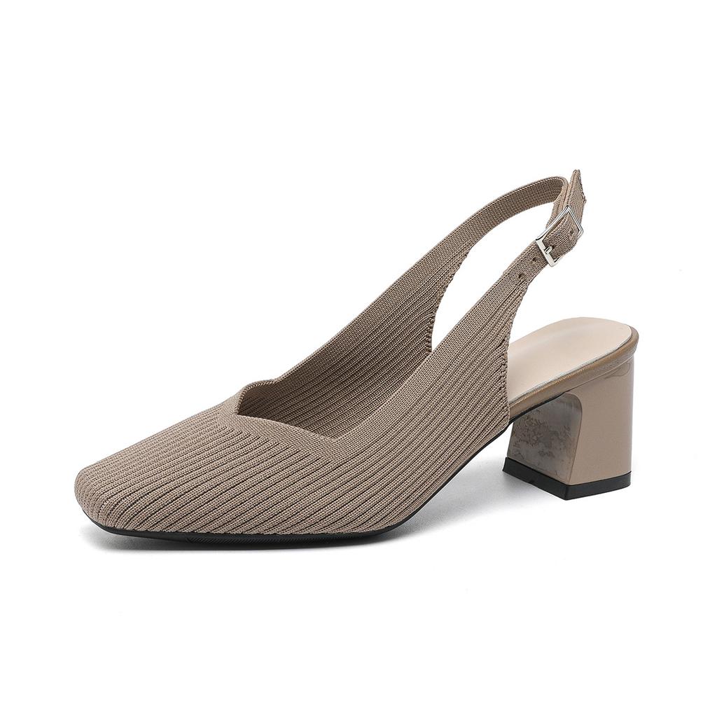 Туфли с открытой пяткой для женщин с квадратным носком, удобные трикотажные туфли для работы, прогулок, офиса, туфли-лодочки на толстом каблуке, женские нескользящие туфли на низком каблуке для свадьбы, нарядные туфли