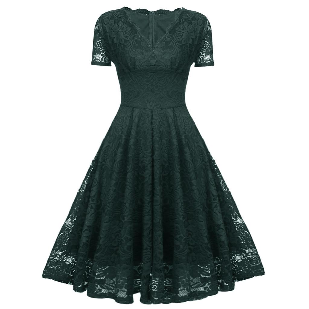 Женское кружевное платье миди с V-образным вырезом и короткими рукавами, приталенное по талии, для выпускного вечера, подружки невесты, гостя на свадьбе, вечеринки, коктейля, вечернего мероприятия