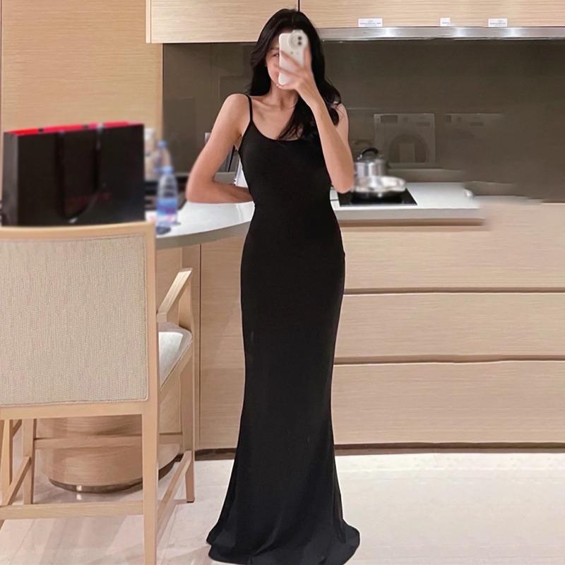 Повседневное универсальное платье с подтяжками на бедрах, сплошное цветное тонкое длинное платье с сумкой на бедрах