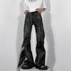 Mens Vintage Heavyweight Washed Denim Jeans Loose Fit Flared Leg Hip Hop Streetwear
