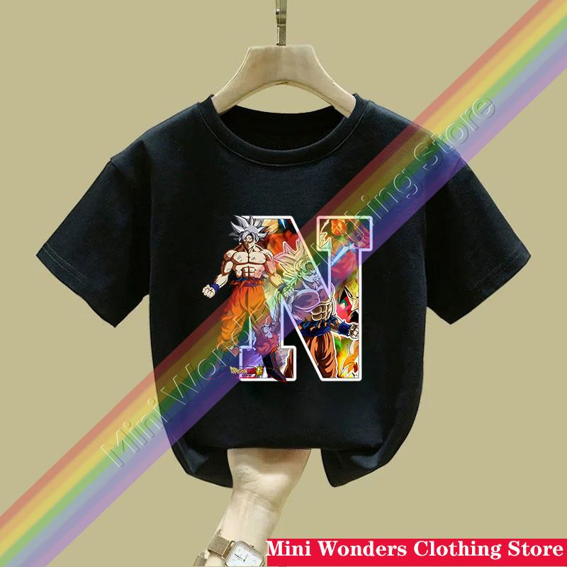 Dragon Ball Goku Tshirt Letter AZ Print Boys Clothes Cotton Short Sleeve Toddler Fashion Cartoon Anime Summer Street Wear Gift
