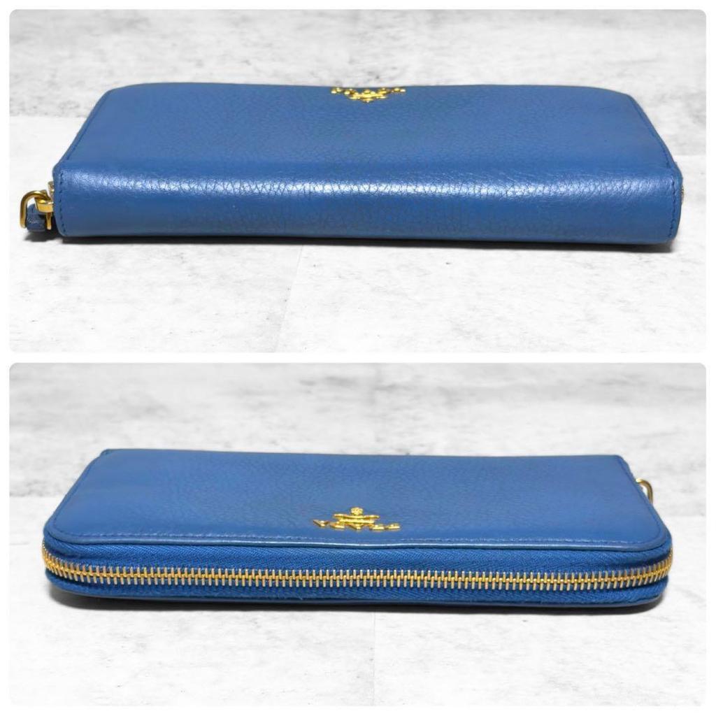 Rare color PRADA long wallet round zipper blue leather logo metal fittings