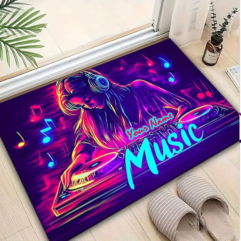 1PC Custom Name Neon Music Vibes Theme Floor Mat Ideal for Living Room, Game Rooms, Office, Bedroom,Floor Mat Playful Design