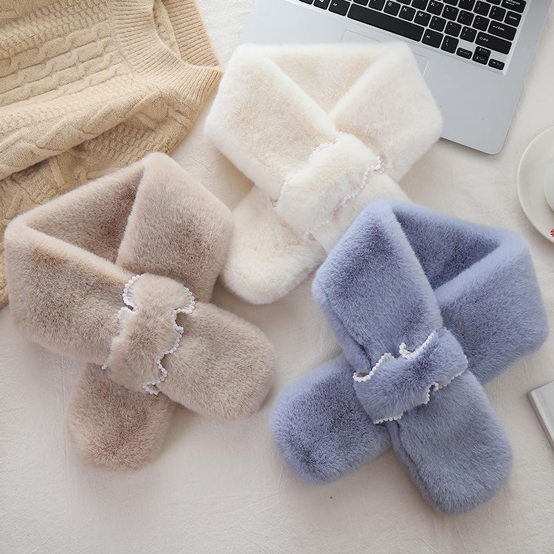 Pearl Scarf Women'S Winter Plush Scarf Rex Rabbit Hair Korean Version Warm Scarf Cross Versatile Girl Scarf