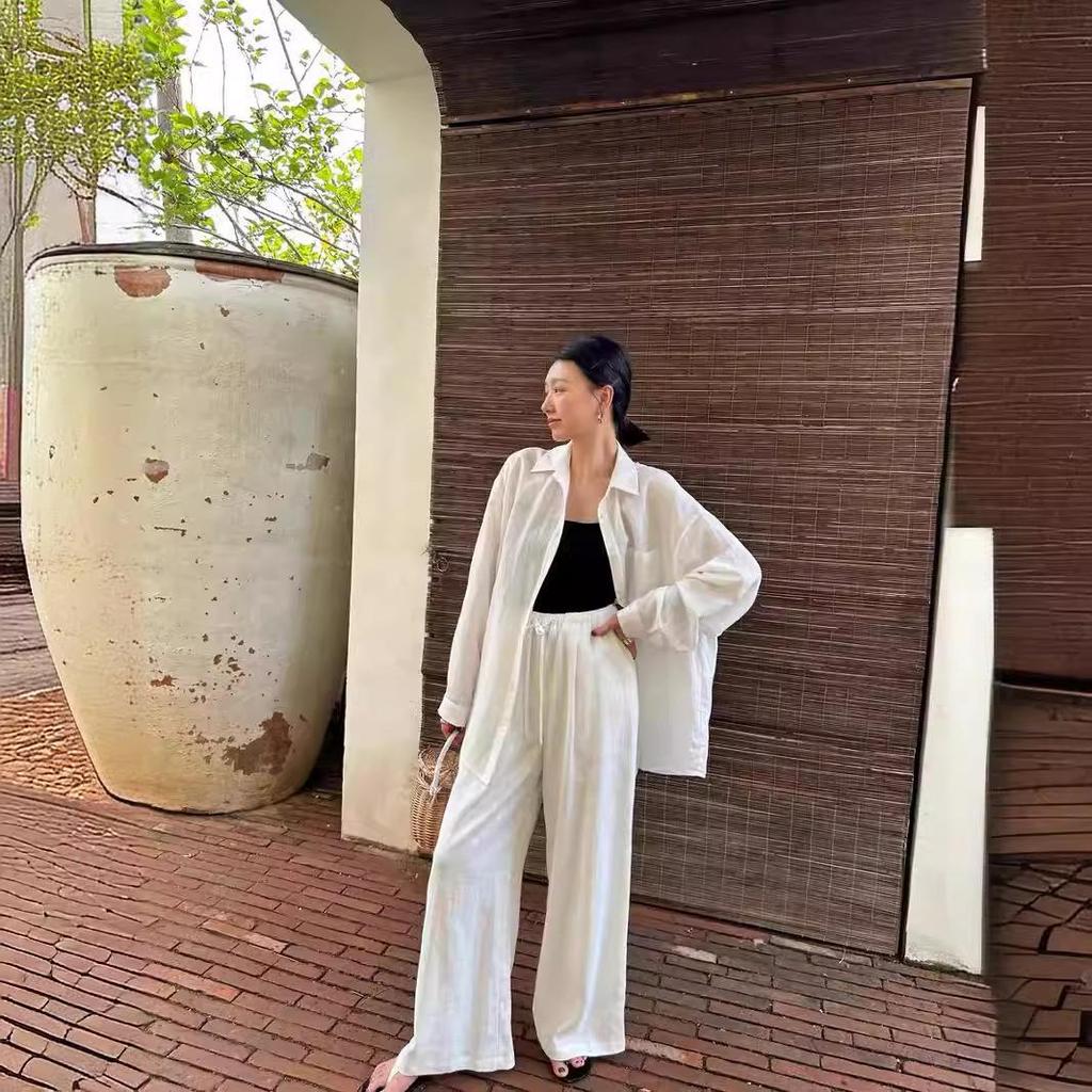 2024 Комплект из льняной рубашки с подсветкой и плиссированных брюк из хлопка и льна на завязках для женщин