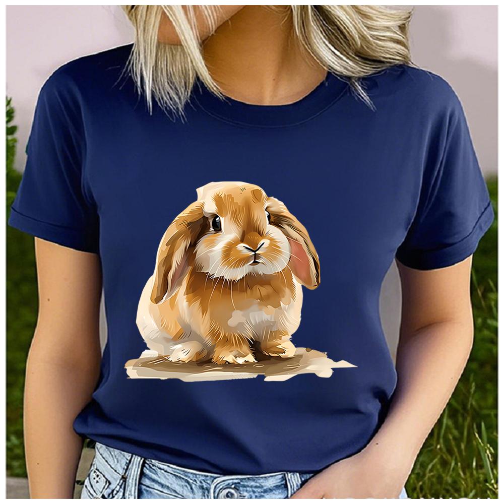 Women's Polyester 100% Cute Rabbit Print T-shirt Loose round Neck Casual Short Sleeve Fashion Top Wholesale Clothing Summer