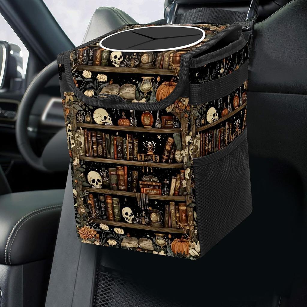 Gothic Witchy Skull Floral Car Trash Can with Lid Collapsible Reusable Waterproof Car Garage Bag,Automotive Garbage Can,Car Accessories Interior Car