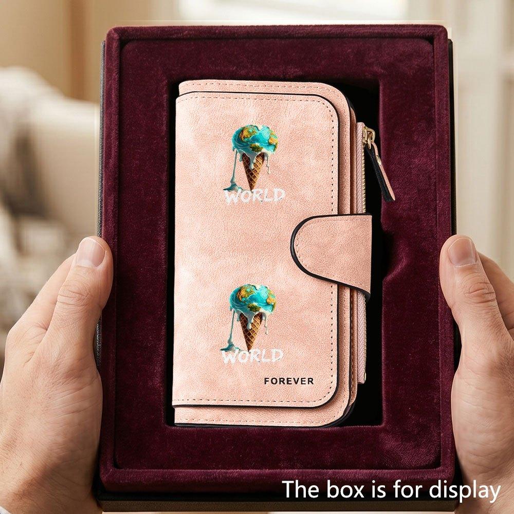 Unique Melting Earth ice cream design men's large capacity wallet with business card slot cash pocket suitable for formal daily casual travel work
