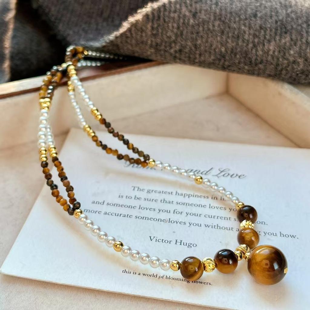 High Matching Retro High Quality Natural Tiger'S Eye Stone Artificial Crystal Pearl Collarbone Chain Pendant Necklace