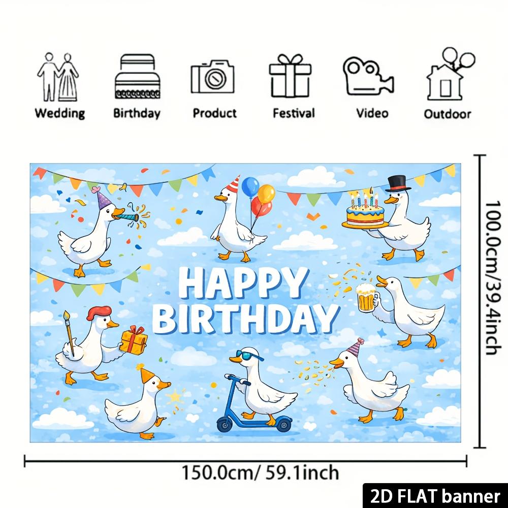 2D planar birthday theme banner background. Cute duck birthday theme combined with colorful triangular flags balloons