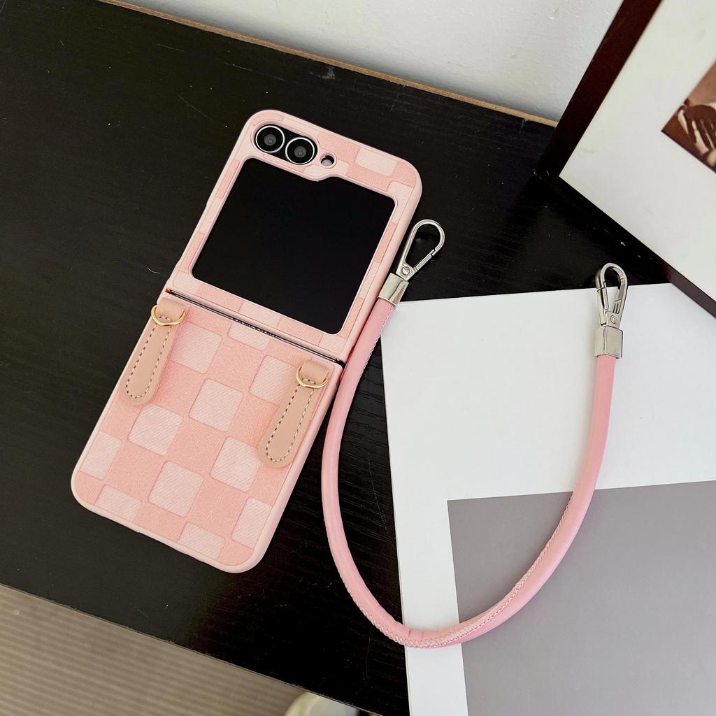 Клетчатый чехол из ПУ кожи с ремешком на запястье для Samsung Galaxy Z Flip 6 5 4 3 5G Защитный противоударный чехол