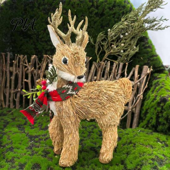 Vintage Style Winter Decorations Handmade Straw Deer/Squirrel Christmas Ornaments with Scarf, Retro Pastoral Rustic Animal Figurines for Holiday Table