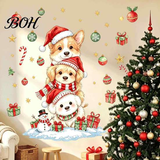 Removable Puppy Stickers for Bedroom Christmas Wall Decals, Watercolor Stacked Dogs Stickers, Self?Adhesive PVC Xmas Reusable Door Decals