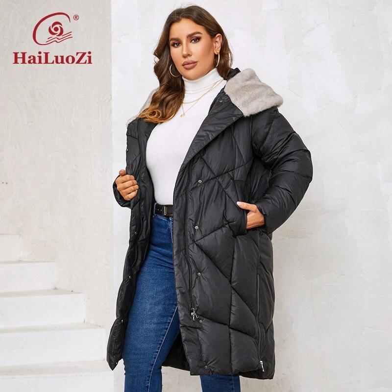 HaiLuoZi 2023 новые женские зимние куртки больших размеров длинные теплые парки элегантные с меховым капюшоном высококачественные стеганые пальто женские 1131