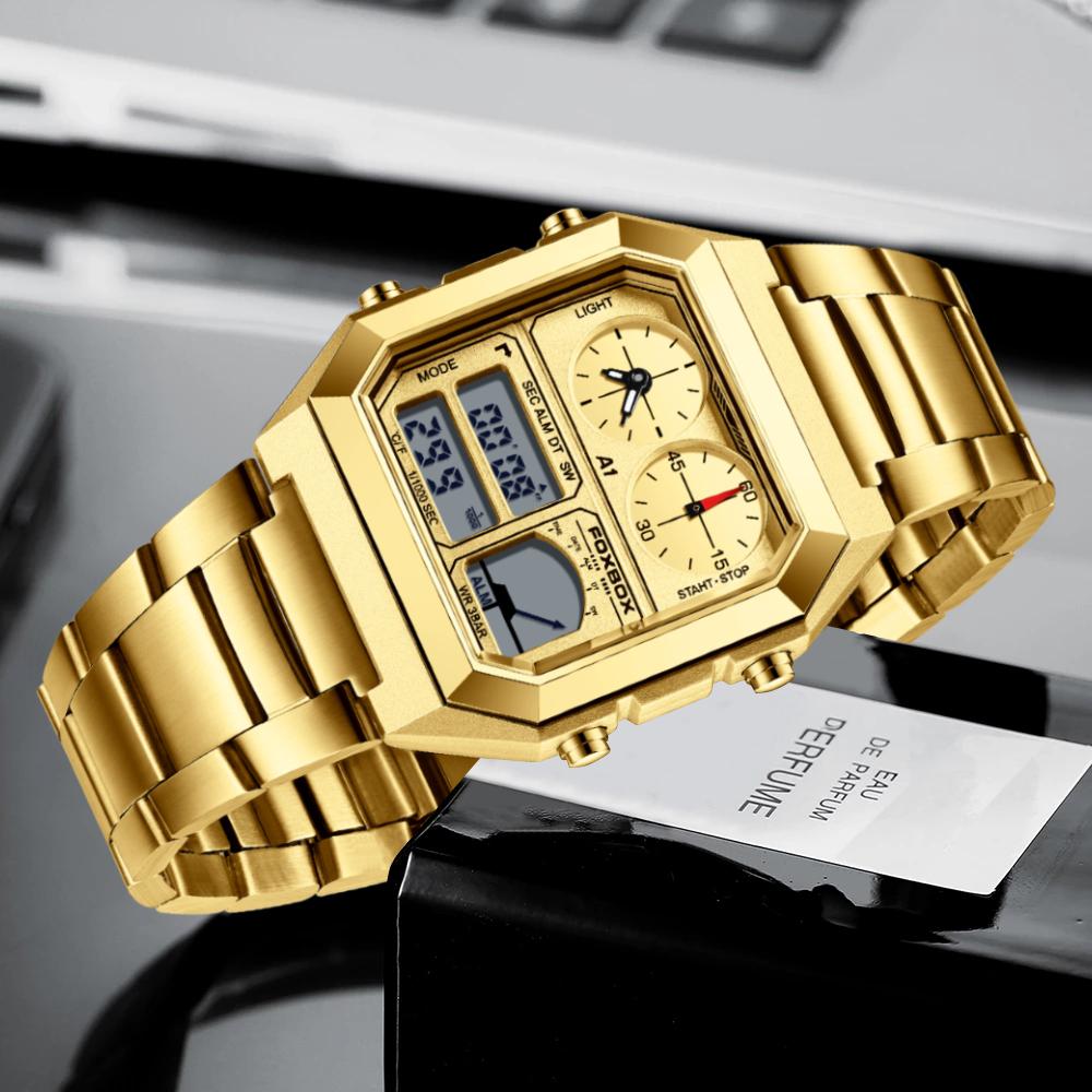 FOXBOX Мужские часы с подсветкой дисплея Спортивные шагомеры Цифровые часы с обратным отсчетом Календарь Часы