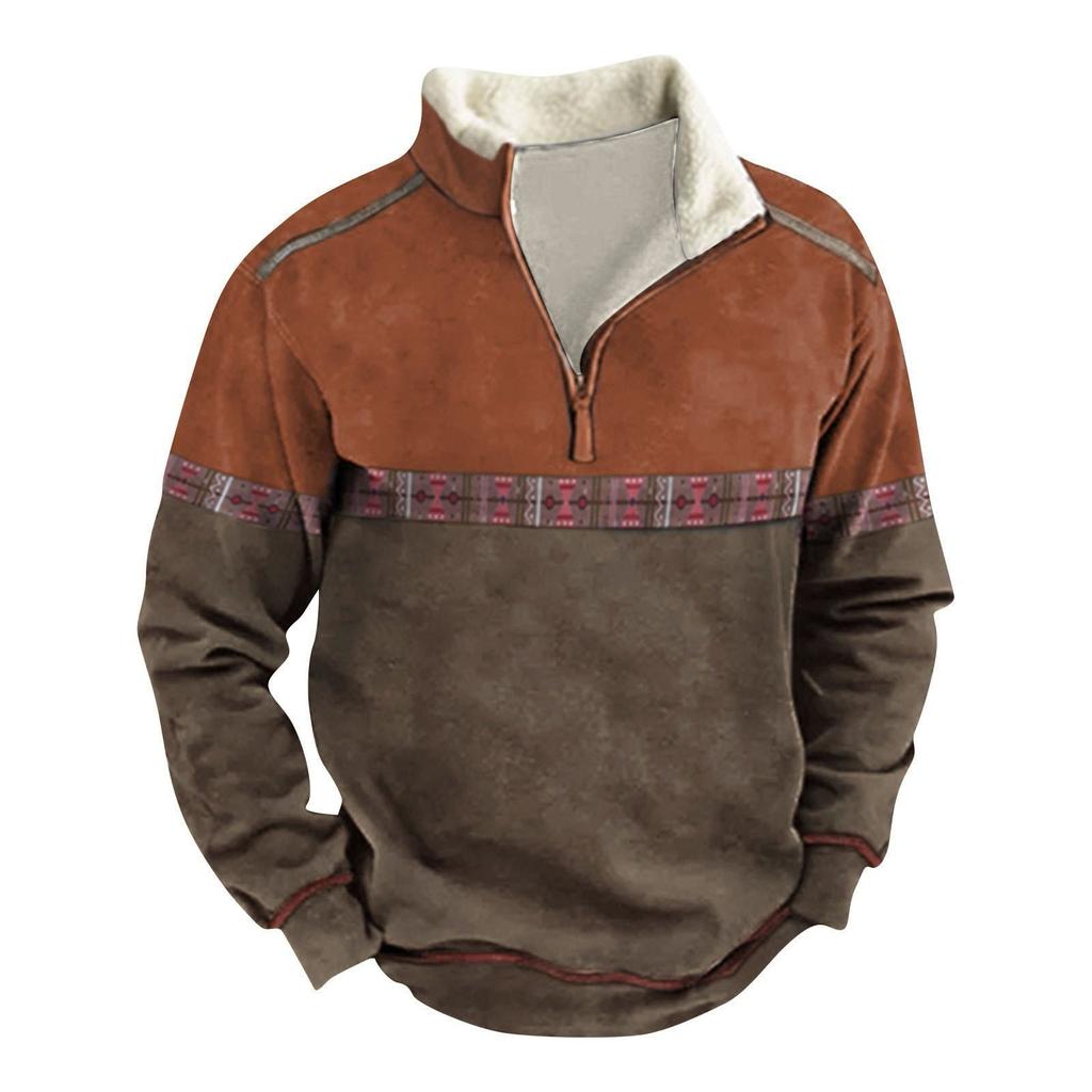 Long Sleeve Tops Men's Zip Contrast Winter Sweatshirt Outdoor Casual Sweater