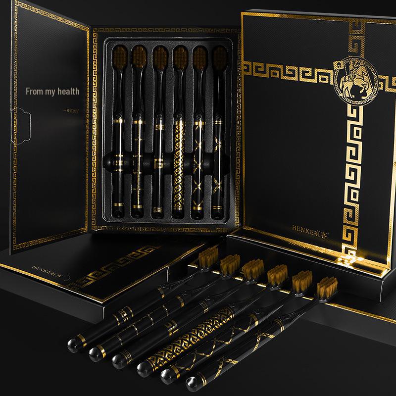 [Подарочная коробка из 6 предметов] Зубная щетка премиум-класса для взрослых с ультратонкой средней щетиной, широкой головкой и элегантной ручкой с золотым тиснением