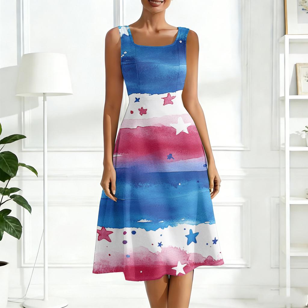 Sleeveless A-Line Dress with Star and Stripe Print 4th of july dresses Independence Day dress Summer Casual Outfit for Women