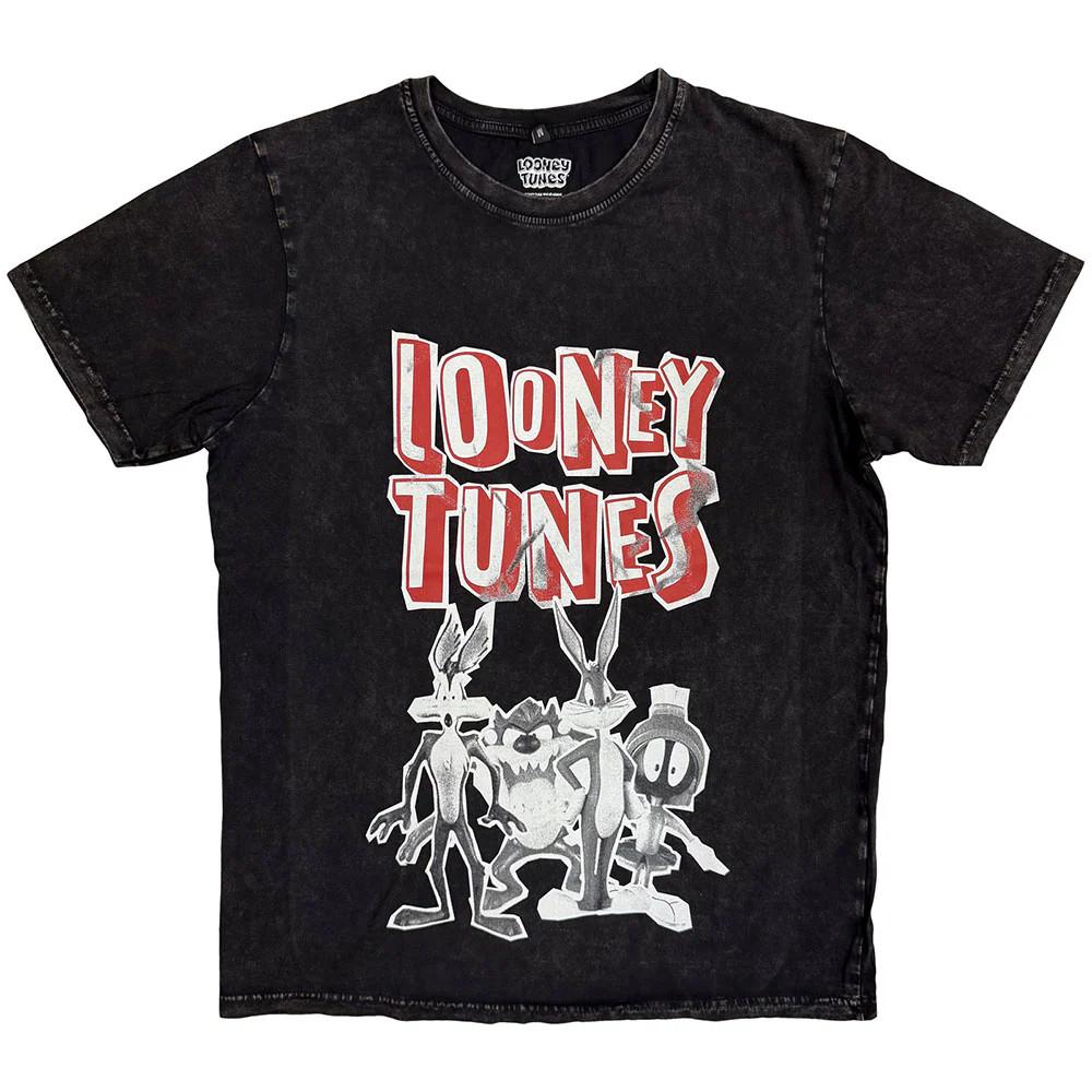 Looney Tunes Stone Wash T-Shirt Characters Black White (Black) OFFICIAL NEW