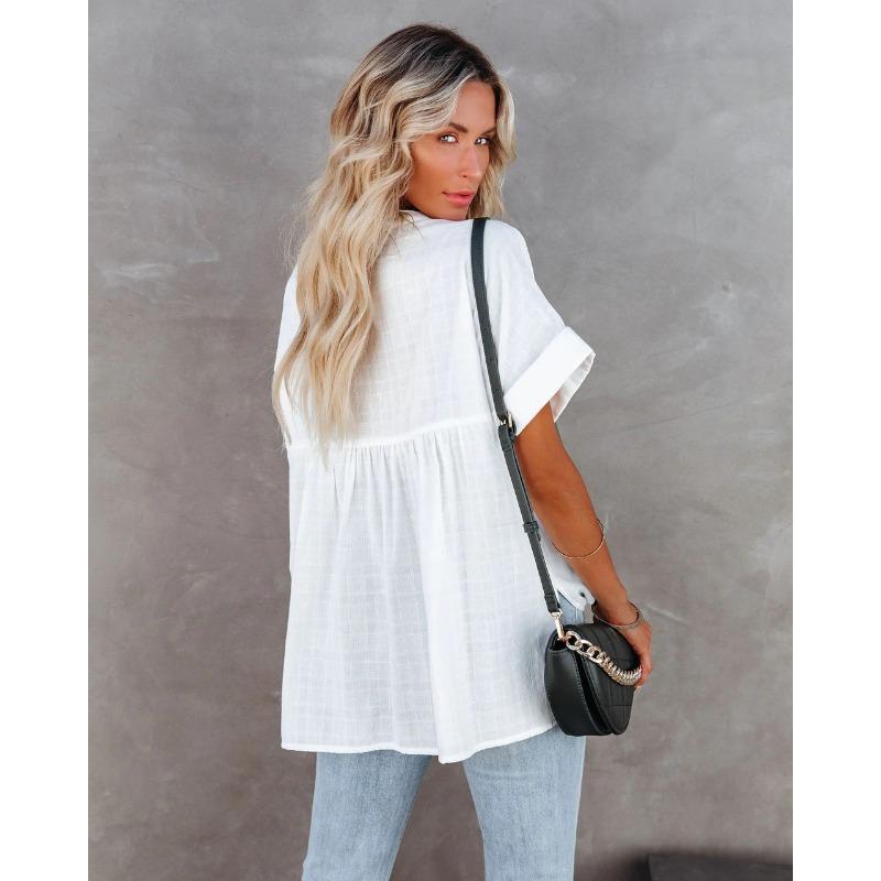 YYFS Women's Fashion Casual Summer Spring Solid Color Print Short Sleeve V-Neck Blouses & Shirts