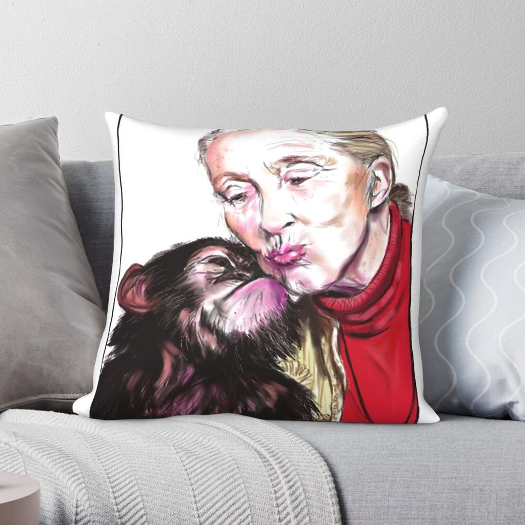 Jane Goodall Chimp Kissies Square Pillowcase Polyester Linen Velvet Pattern Zip Decorative Pillow Case Room Cushion Case