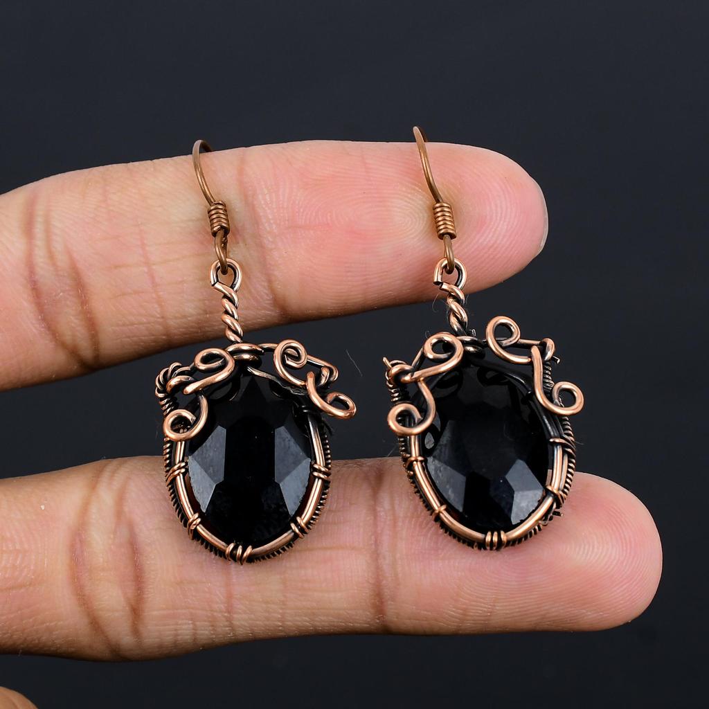 Black Onyx 999 Copper Wire Wrapped Earrings, Handmade Gemstone Jewelry Earrings For Memorial Day