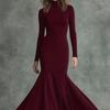 Winter British Style Mermaid Dress Solid Color High Waist Long Sleeve Party