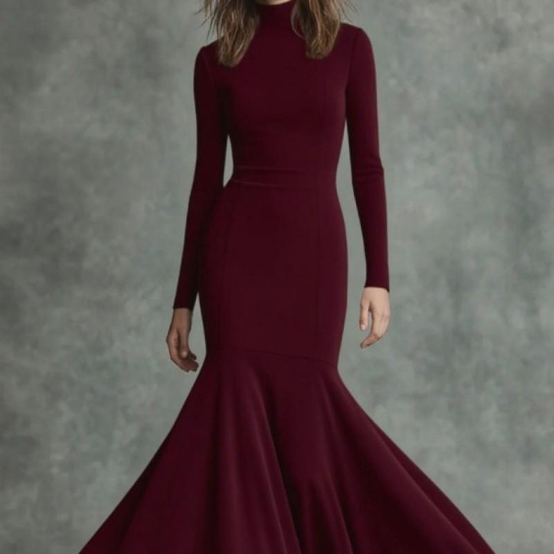 Winter British Style Mermaid Dress Solid Color High Waist Long Sleeve Party