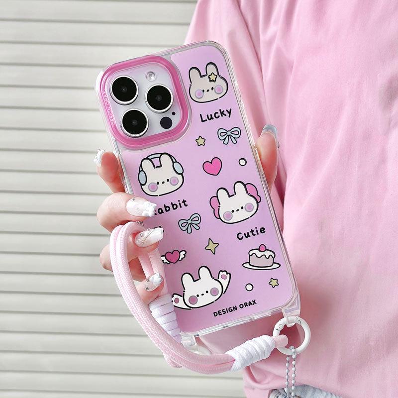 Зеркальный чехол для телефона Zhitai со шнурком для iPhone 13/14/15 Pro Max - мультяшный дизайн
