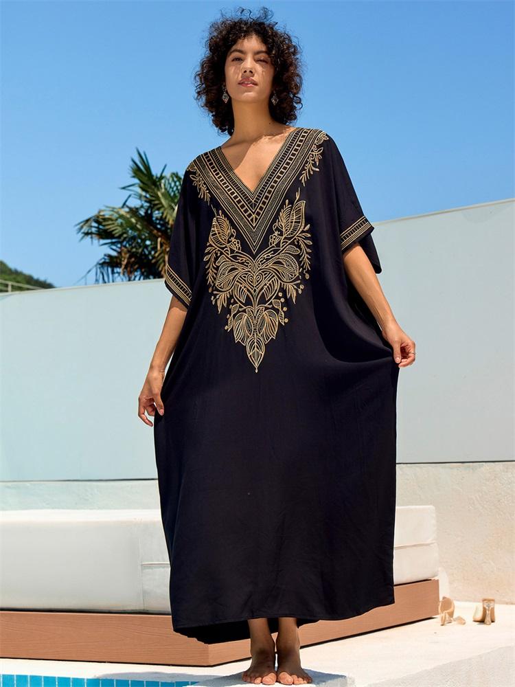 EDOLYNSA Шикарный черный кафтан с вышивкой золотой нитью размера плюс, платье с v-образным вырезом, 2024, женская летняя пляжная одежда, купальник, свободный кафтан Q1685