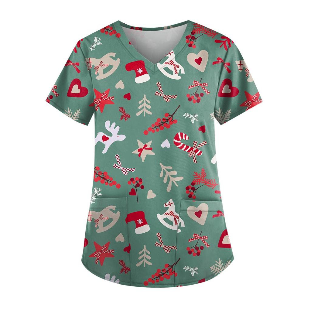 Рождественский женский модный повседневный рождественский топ с v-образным вырезом и принтом, защитный рабочий костюм