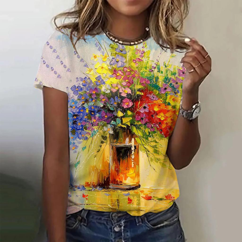 3D Colorful Flower Print T-shirt Women Summer Fashion Casual Short Sleeve T-shirt Women Retro Street T-shirt Plus Size Harajuku T-shirt