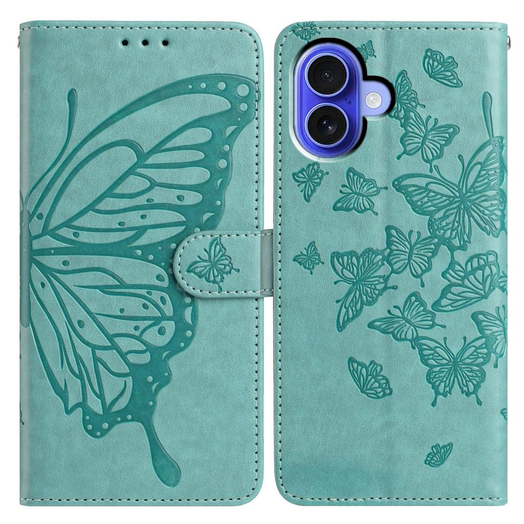 For iPhone 16 Plus Case Butterfly Imprinted Wallet Stand PU Leather Flip Phone Cover with Strap