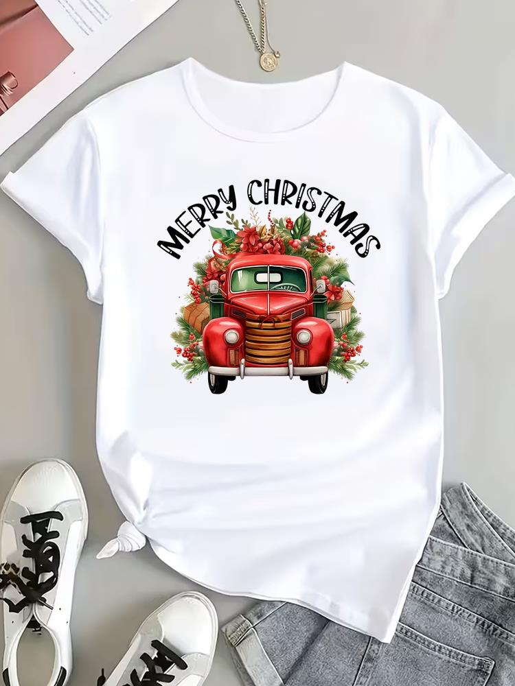 (Asian Size) trend letter cute Tee Top Print New Year Clothing T Shirt Women Fashion Christmas Festival Woman Short Sleeve Graphic T-shirts