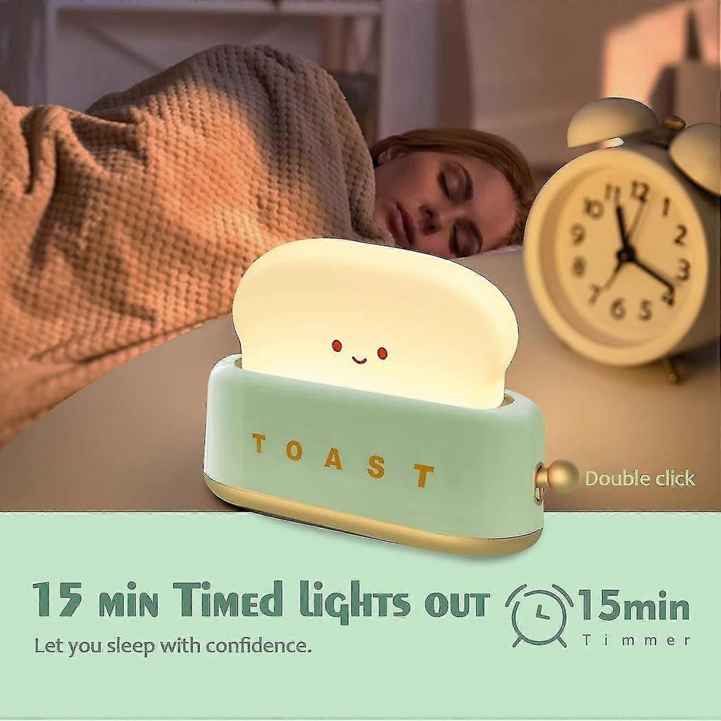 Toast Bread Led Night Lamp, Cute Desk Decor Toaster Light Rechargeable With Timer, Creative Design Portable Bedroom Bedside , Green/dd