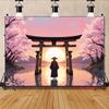 2D plane traditional Japanese gate with cherry blossoms falling in a peaceful sunset suitable for parties polyester fiber