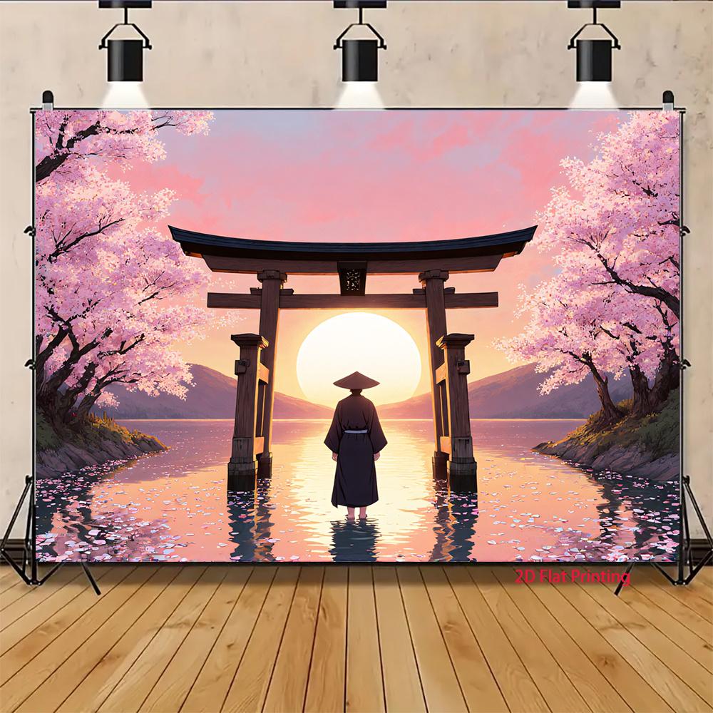 2D plane traditional Japanese gate with cherry blossoms falling in a peaceful sunset suitable for parties polyester fiber