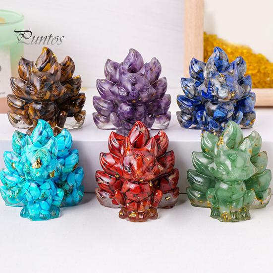 Статуэтка из натурального камня в виде девятихвостой лисы, позитивная целебная энергия, вырезанная вручную из цветного искусственного кристалла, сидящая статуя животного для домашнего офиса и рабочего стола