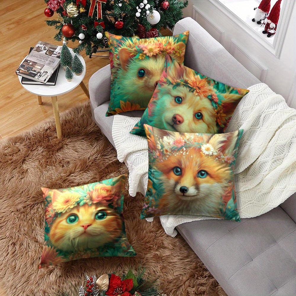 Woodland Animal With Flower Crown Throw Pillow Covers, Cute Cat Fox Dog Hedgehog Print Cushion Cases Whimsical Forest Home Decor