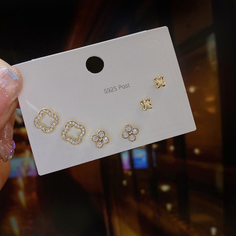 Minimalist Stud Earrings Set 3 Pairs Gold Tone CZ Geometric Floral Design Women Daily Wear