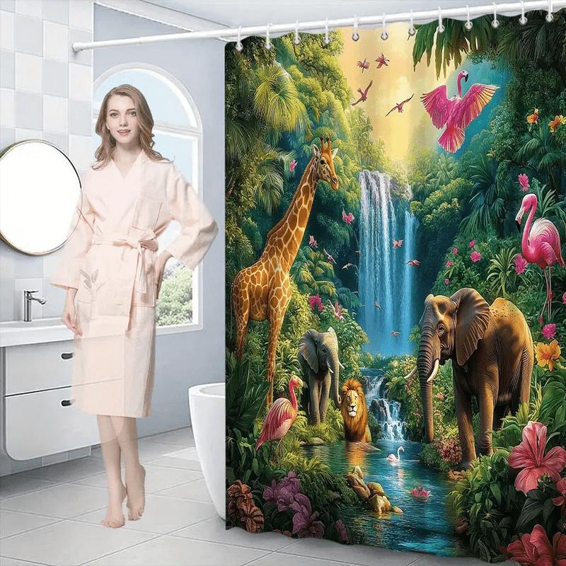 Vibrant Tropical Jungle Safari Animal Print Shower Curtain Waterproof Rainforest Wildlife Bathroom Decor Curtain Liner