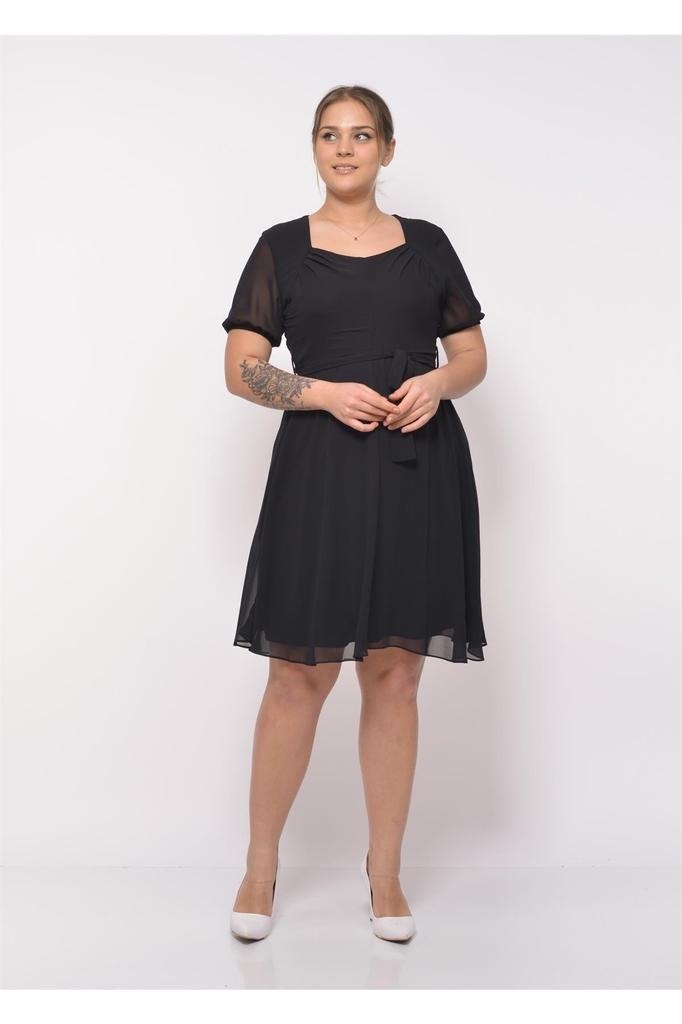 Women's Square Neck Pleated Detail Short Sleeve Midi Length Chiffon Dress 4469/105