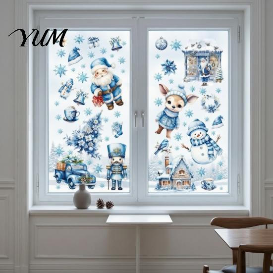 Holiday Party Glass Decorations 9Pcs Christmas Window Clings, Blue Santa Snowman Reindeer Static Stickers, Winter Theme Clings Reusable Double