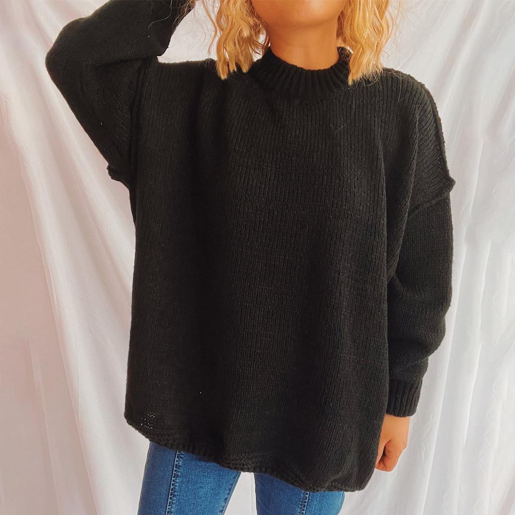 Женский осенне-зимний свободный свитер-пуловер, модный свитер с длинными рукавами и круглым вырезом, с обратным кроем