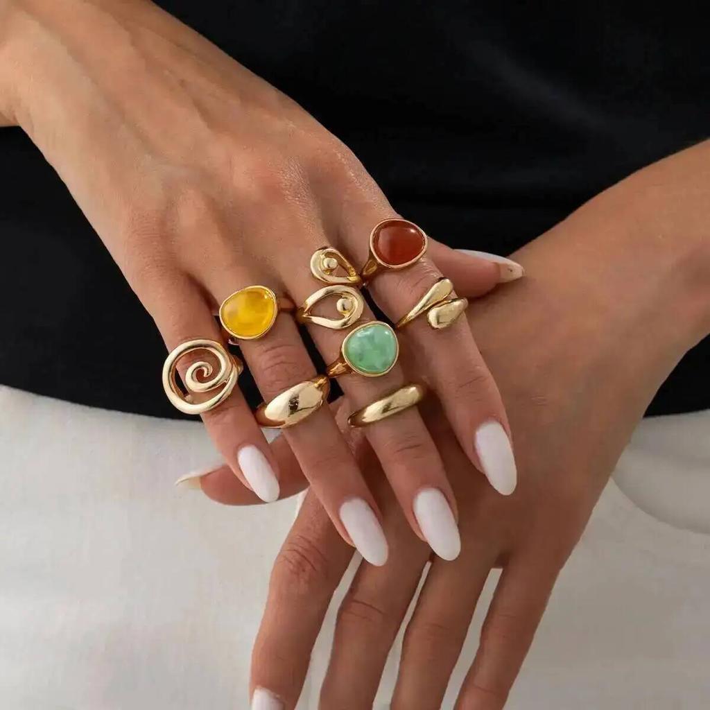 SHIXIN Vintage 8Pcs/set Colorful Acrylic Resin Finger Ring Women HipHop Punk Gold Color Geometric Stackable Knuckle Ring Jewelry